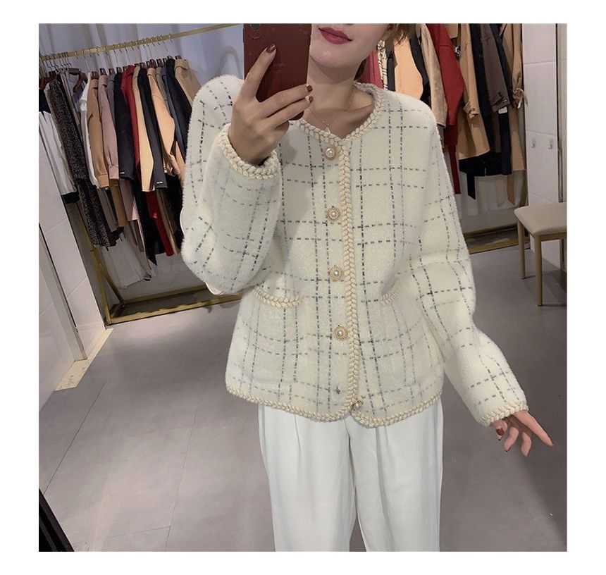 Plaid Braided Trim Pearl Button Cardigan