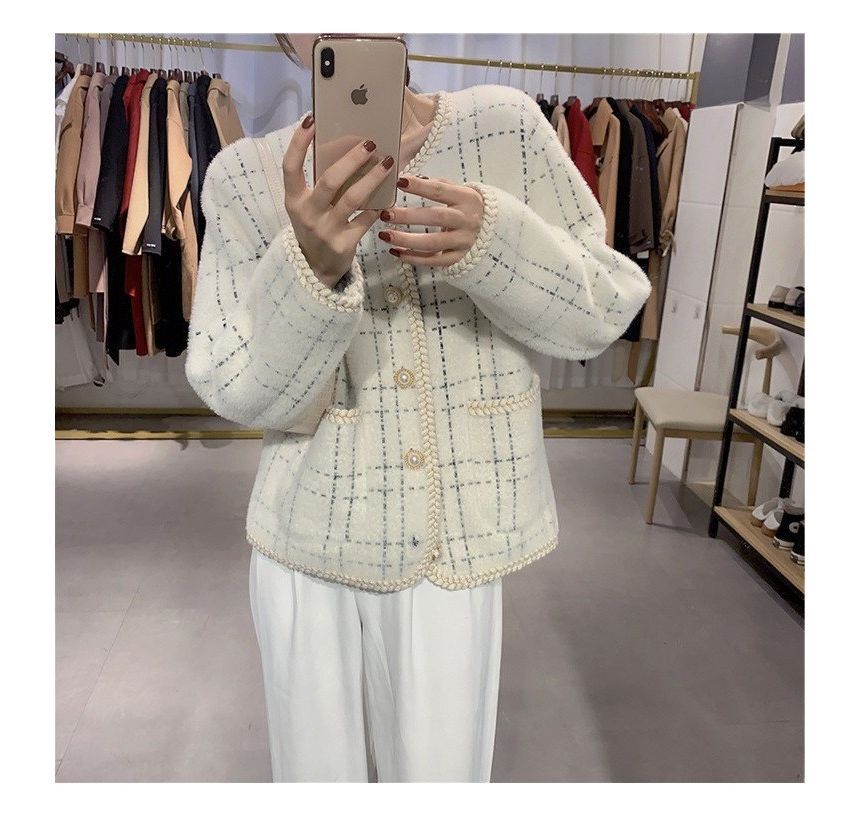 Plaid Braided Trim Pearl Button Cardigan