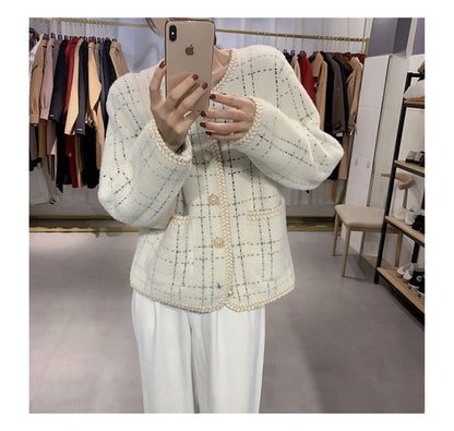 Plaid Braided Trim Pearl Button Cardigan