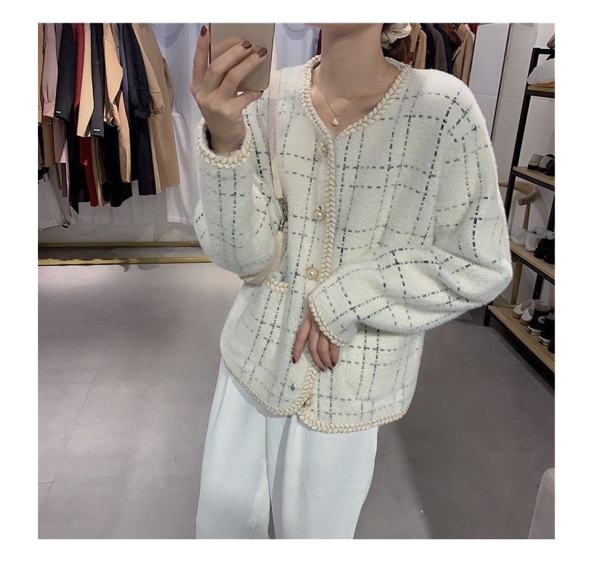 Plaid Braided Trim Pearl Button Cardigan