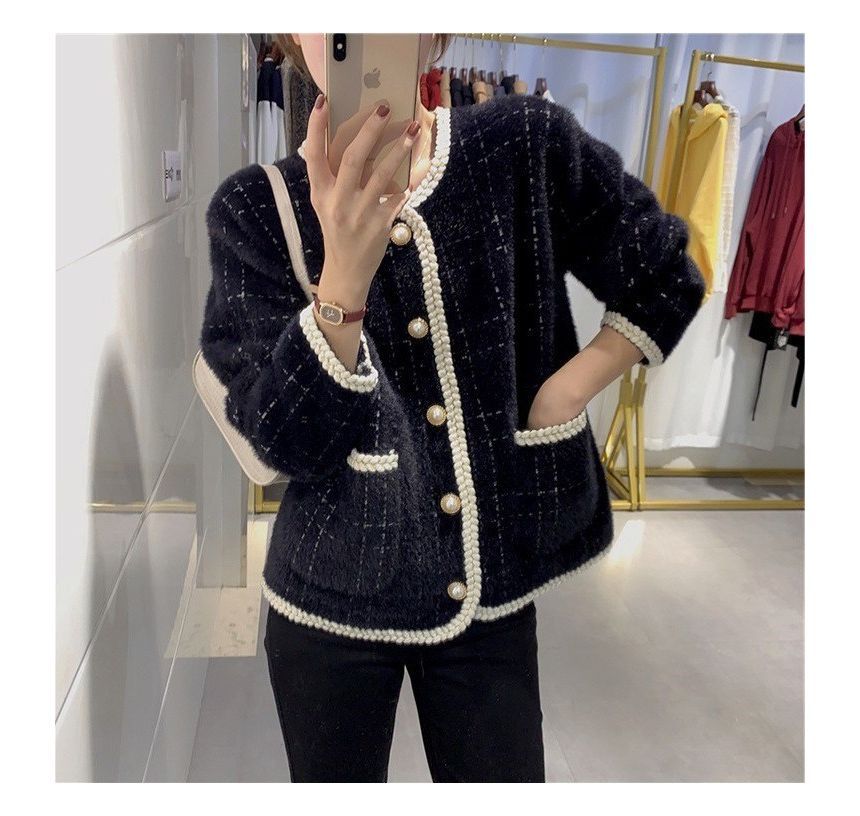 Plaid Braided Trim Pearl Button Cardigan