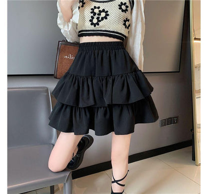 Tiered Mini Skirt with Elastic Waistband and Plain Texture