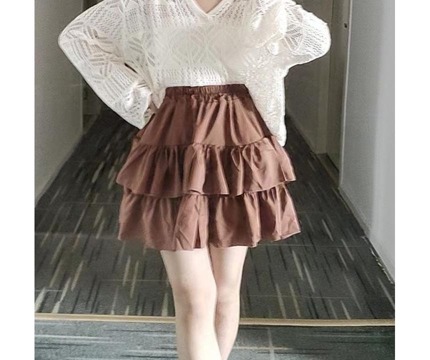 Tiered Mini Skirt with Elastic Waistband and Plain Texture