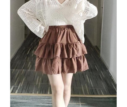 Tiered Mini Skirt with Elastic Waistband and Plain Texture