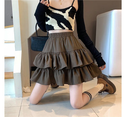 Tiered Mini Skirt with Elastic Waistband and Plain Texture