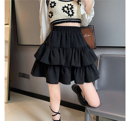 Tiered Mini Skirt with Elastic Waistband and Plain Texture