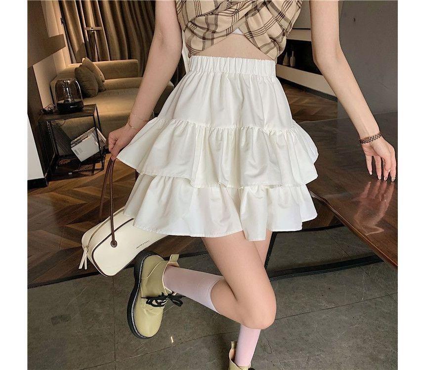 Tiered Mini Skirt with Elastic Waistband and Plain Texture