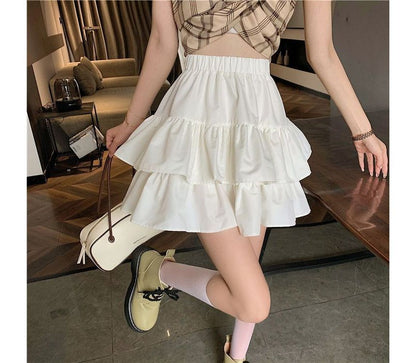 Tiered Mini Skirt with Elastic Waistband and Plain Texture