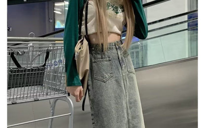 Mermaid Denim Midi Skirt with Frayed Hem and Washed Finish