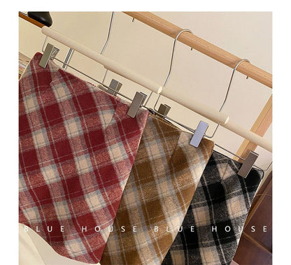 Color-Blocked Plaid Woolen A-Line Skirt with High-Rise Waist