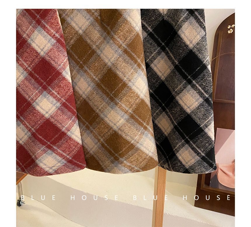 Color-Blocked Plaid Woolen A-Line Skirt with High-Rise Waist
