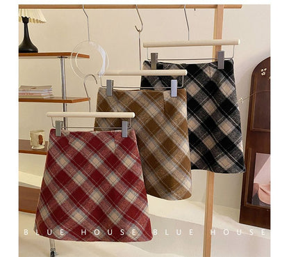 Color-Blocked Plaid Woolen A-Line Skirt with High-Rise Waist