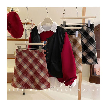 Color-Blocked Plaid Woolen A-Line Skirt with High-Rise Waist