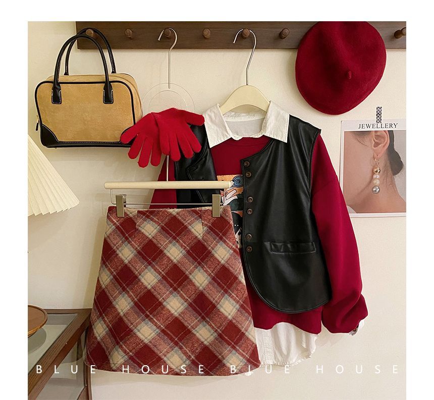 Color-Blocked Plaid Woolen A-Line Skirt with High-Rise Waist