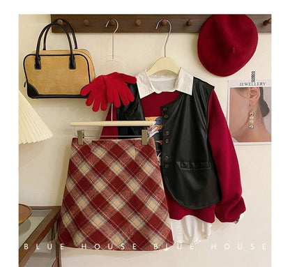 Color-Blocked Plaid Woolen A-Line Skirt with High-Rise Waist