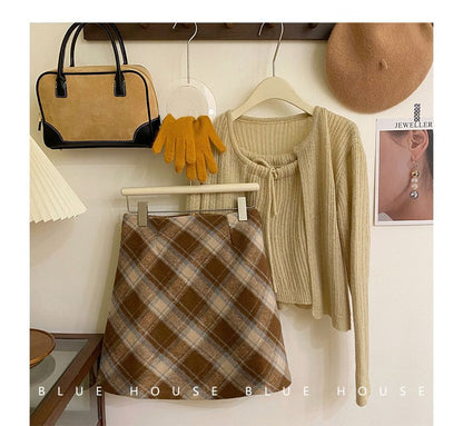 Color-Blocked Plaid Woolen A-Line Skirt with High-Rise Waist
