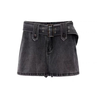 Belted Denim Mini Skirt with Waist Accent