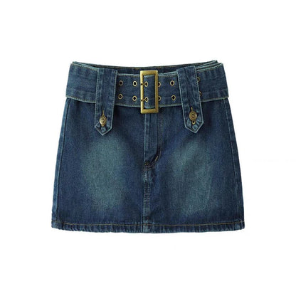Belted Denim Mini Skirt with Waist Accent