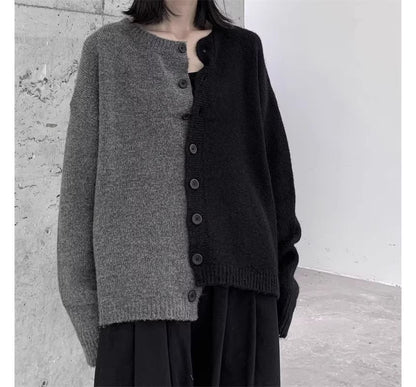 Round Neck Two Tone Asymmetrical Cardigan