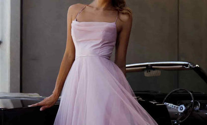Thin Strap Cowl Neck Tie Waist Mesh Midi A-Line Dress