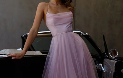 Thin Strap Cowl Neck Tie Waist Mesh Midi A-Line Dress