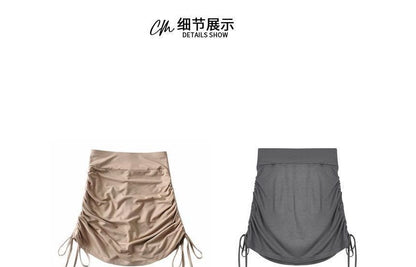 Shirred Drawstring Mini Pencil Skirt with High-Rise Waist