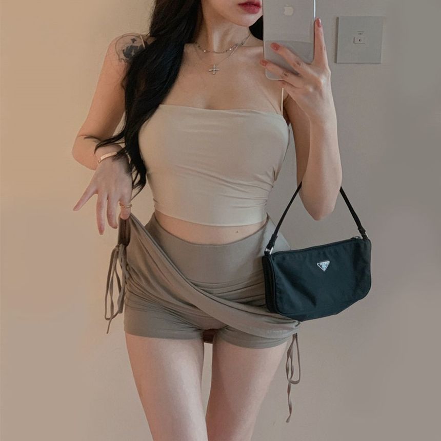 Shirred Drawstring Mini Pencil Skirt with High-Rise Waist