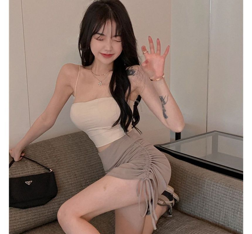Shirred Drawstring Mini Pencil Skirt with High-Rise Waist