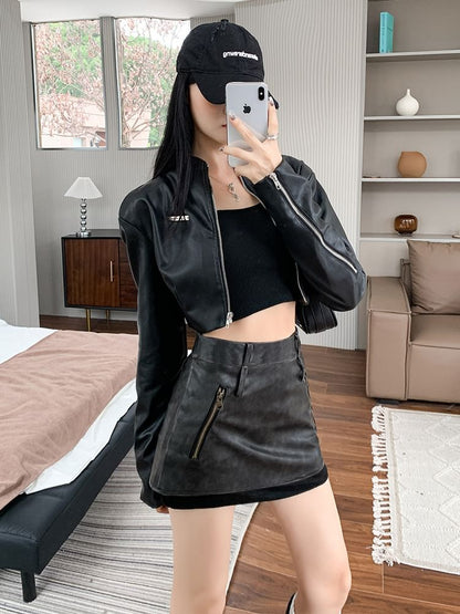 Faux Leather Mini A-Line Skirt with Zip Accent and Mock Two-Piece