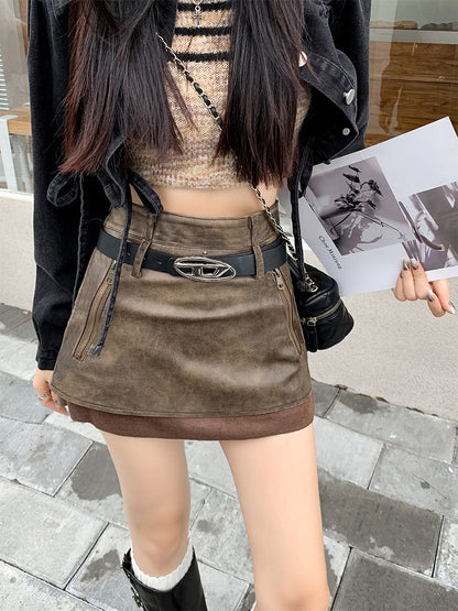 Faux Leather Mini A-Line Skirt with Zip Accent and Mock Two-Piece