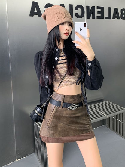 Faux Leather Mini A-Line Skirt with Zip Accent and Mock Two-Piece