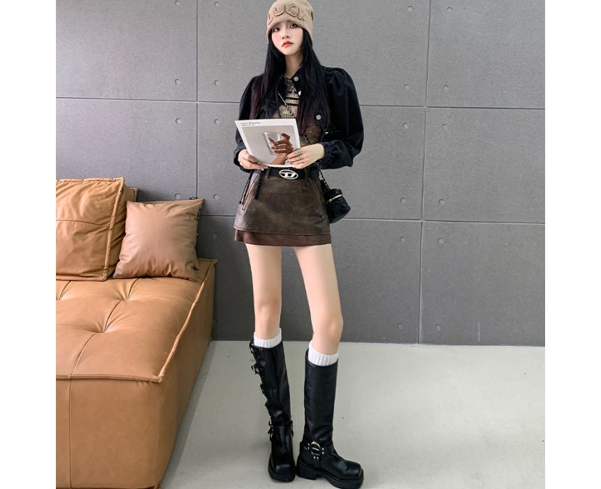 Faux Leather Mini A-Line Skirt with Zip Accent and Mock Two-Piece