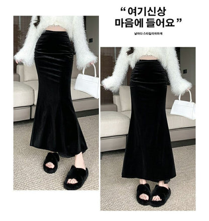 Velvet Fishtail Maxi Skirt with High-Waist Elegance