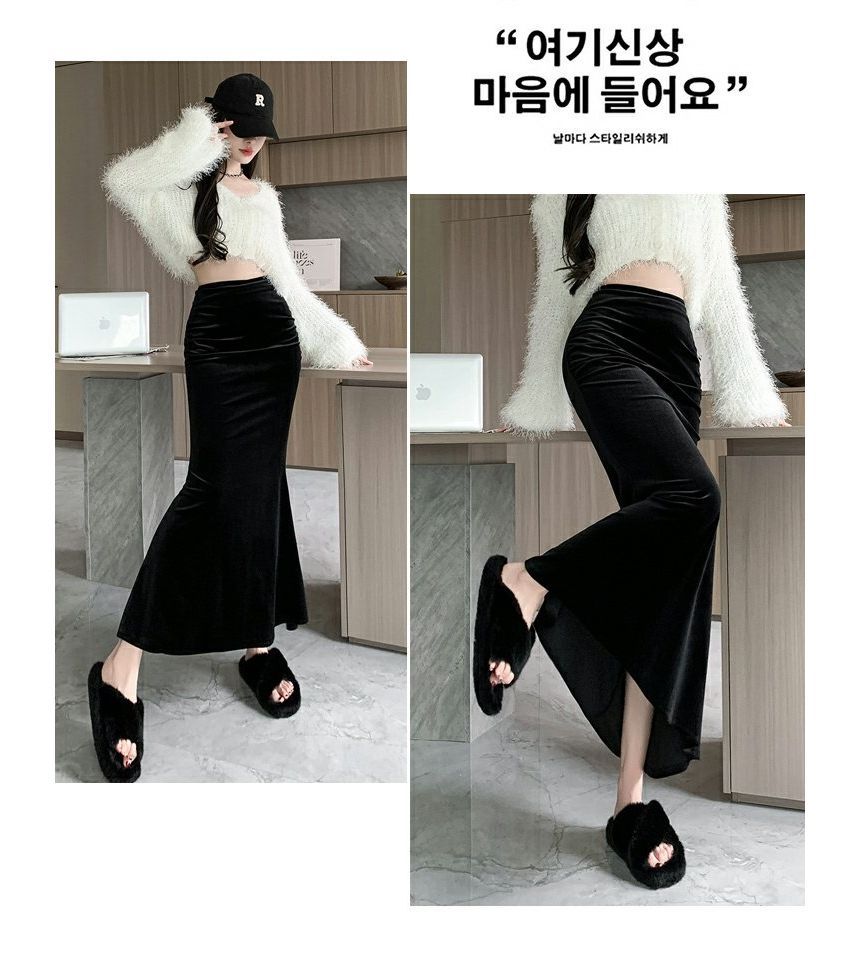 Velvet Fishtail Maxi Skirt with High-Waist Elegance