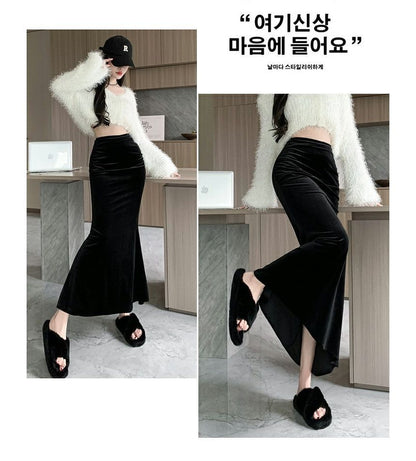 Velvet Fishtail Maxi Skirt with High-Waist Elegance