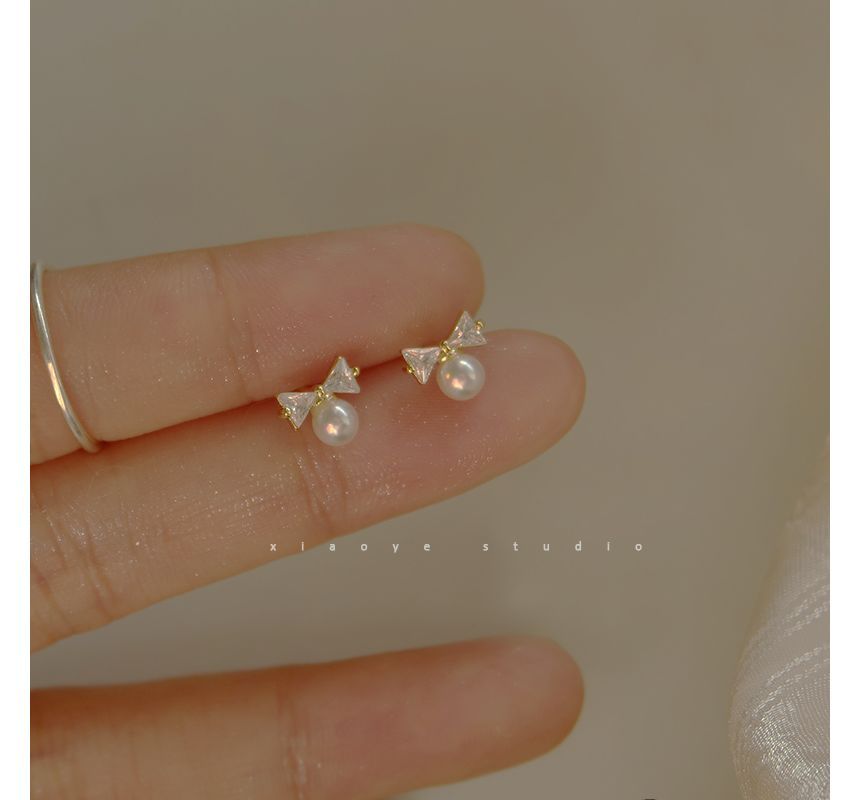 Earring Rhinestone Faux Pearl Stud Sterling Bow Silver