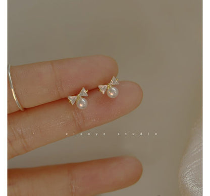 Earring Rhinestone Faux Pearl Stud Sterling Bow Silver