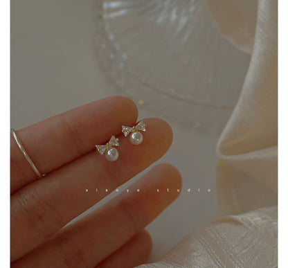 Earring Rhinestone Faux Pearl Stud Sterling Bow Silver