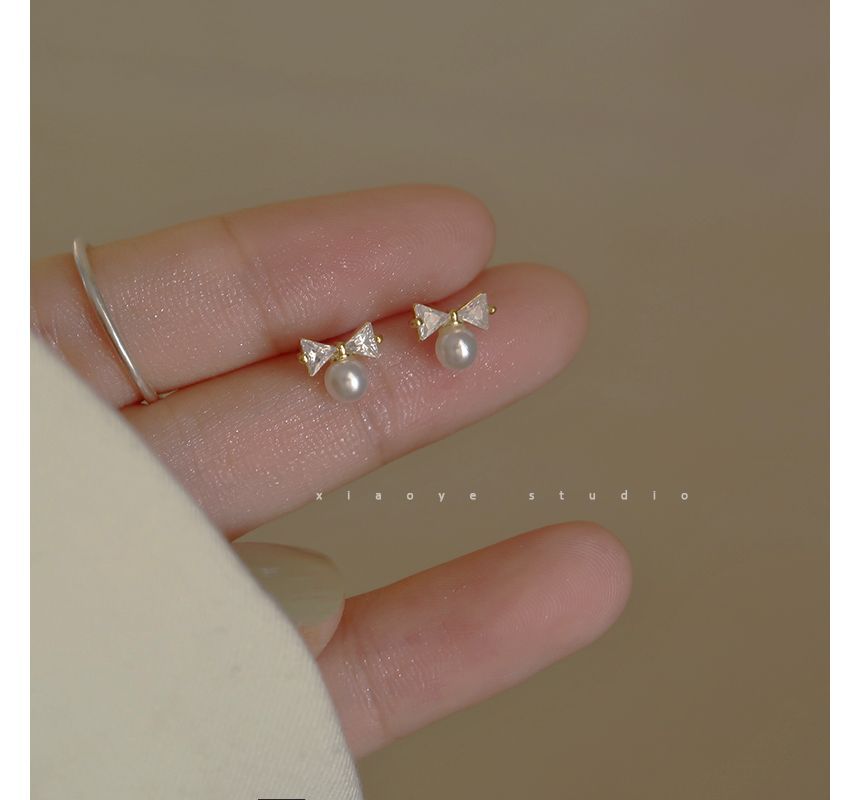 Earring Rhinestone Faux Pearl Stud Sterling Bow Silver