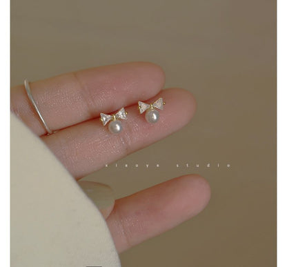 Earring Rhinestone Faux Pearl Stud Sterling Bow Silver