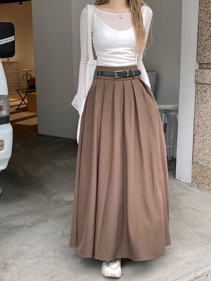 Pleated Maxi Skirt with High-Rise Waist and Plain Design
