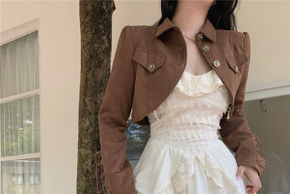Button-Front Crop Jacket & Lace-Trim Layered A-Line Dress