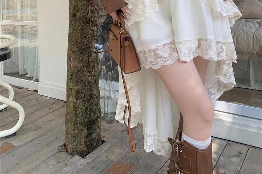 Button-Front Crop Jacket & Lace-Trim Layered A-Line Dress