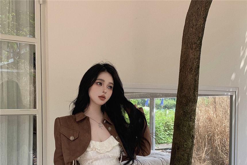 Button-Front Crop Jacket & Lace-Trim Layered A-Line Dress