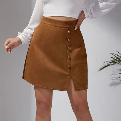 Button-Accent Slit Mini Pencil Skirt with High-Waist Fit