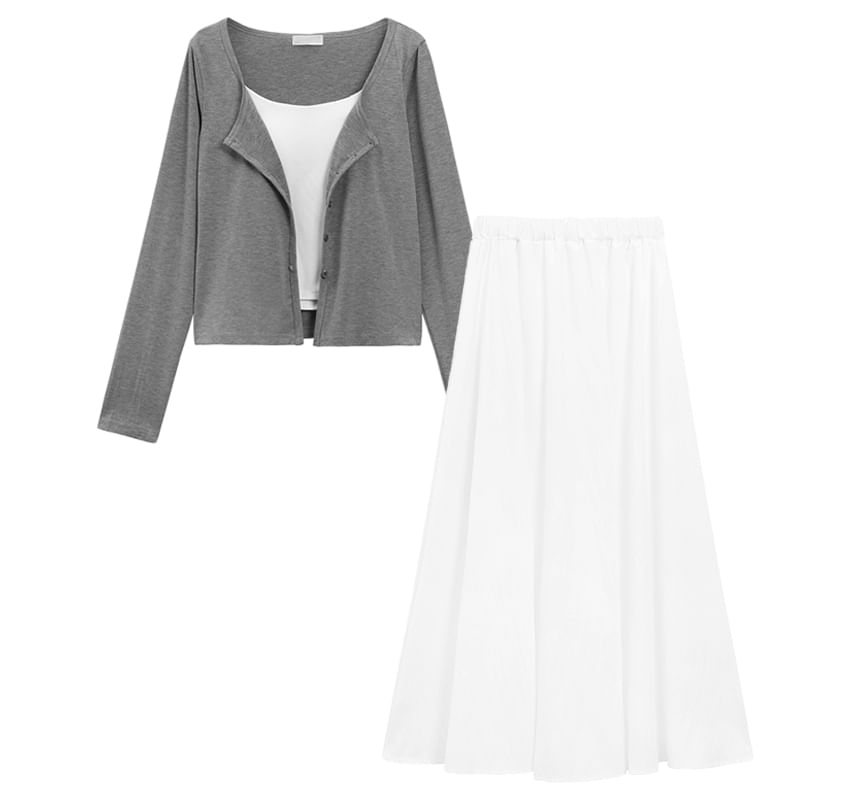 Scoop Neck Tank Top, High-Waist Maxi A-Line Skirt, and Light Jacket