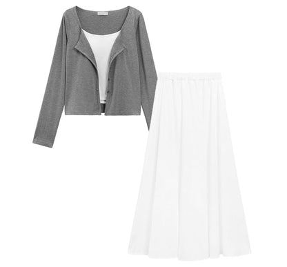 Scoop Neck Tank Top, High-Waist Maxi A-Line Skirt, and Light Jacket