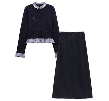 High-Waist Maxi A-Line Skirt, Ruffle Cardigan, and Bow Brooch Set