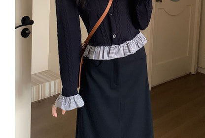 High-Waist Maxi A-Line Skirt, Ruffle Cardigan, and Bow Brooch Set