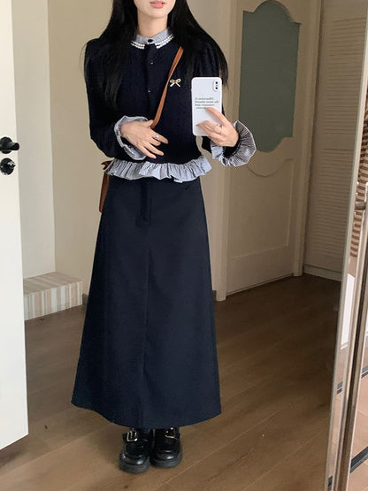 High-Waist Maxi A-Line Skirt, Ruffle Cardigan, and Bow Brooch Set